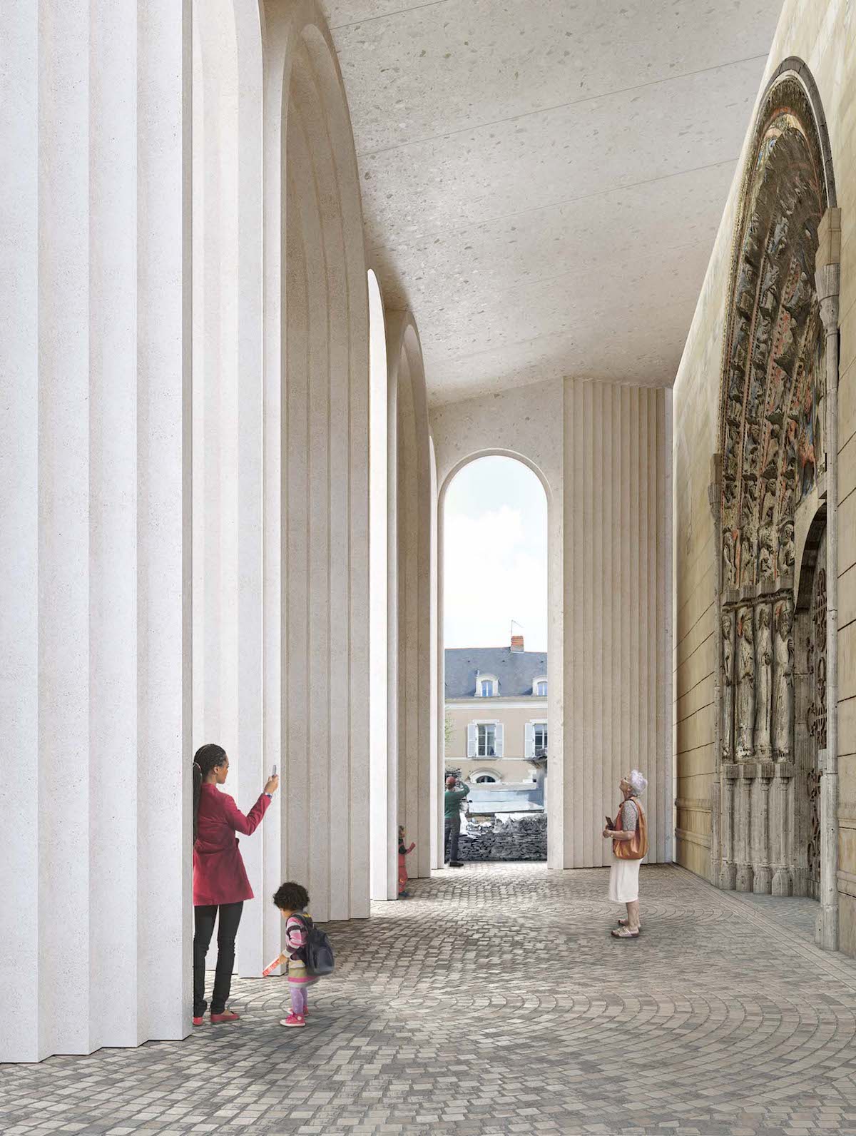 Ground Level View of Kengo Kuma and Associates Designed Contemporary Entrance to Angers Cathedral