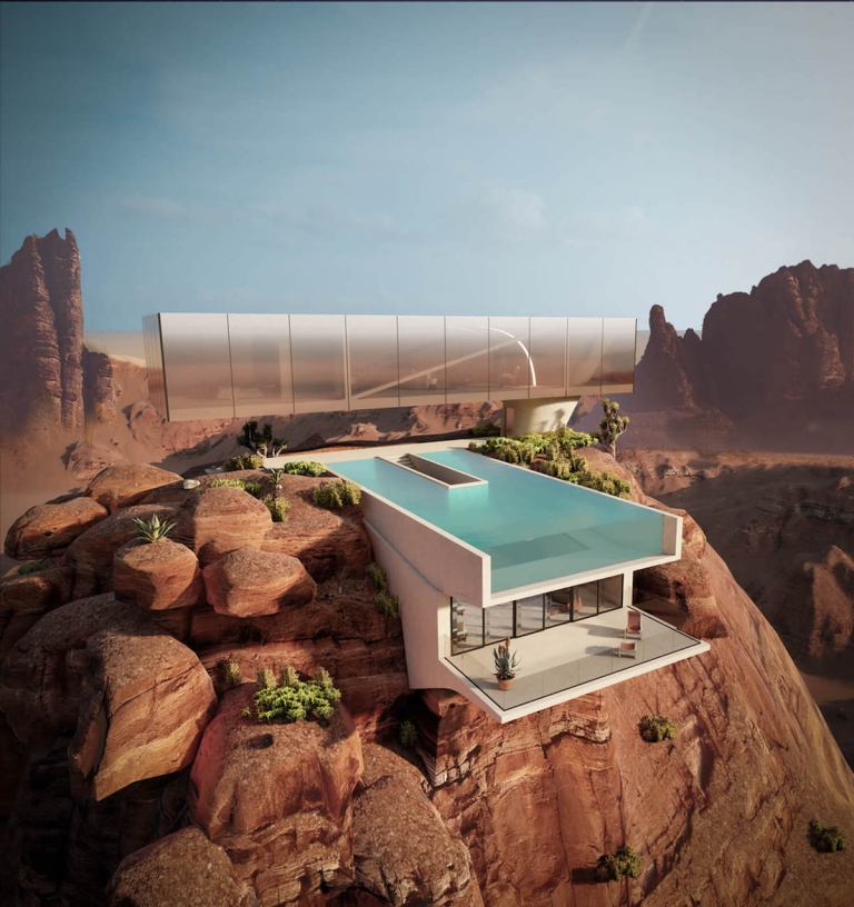 Oasis House Features a Massive Pool Cantilevering off a Desert Mountain