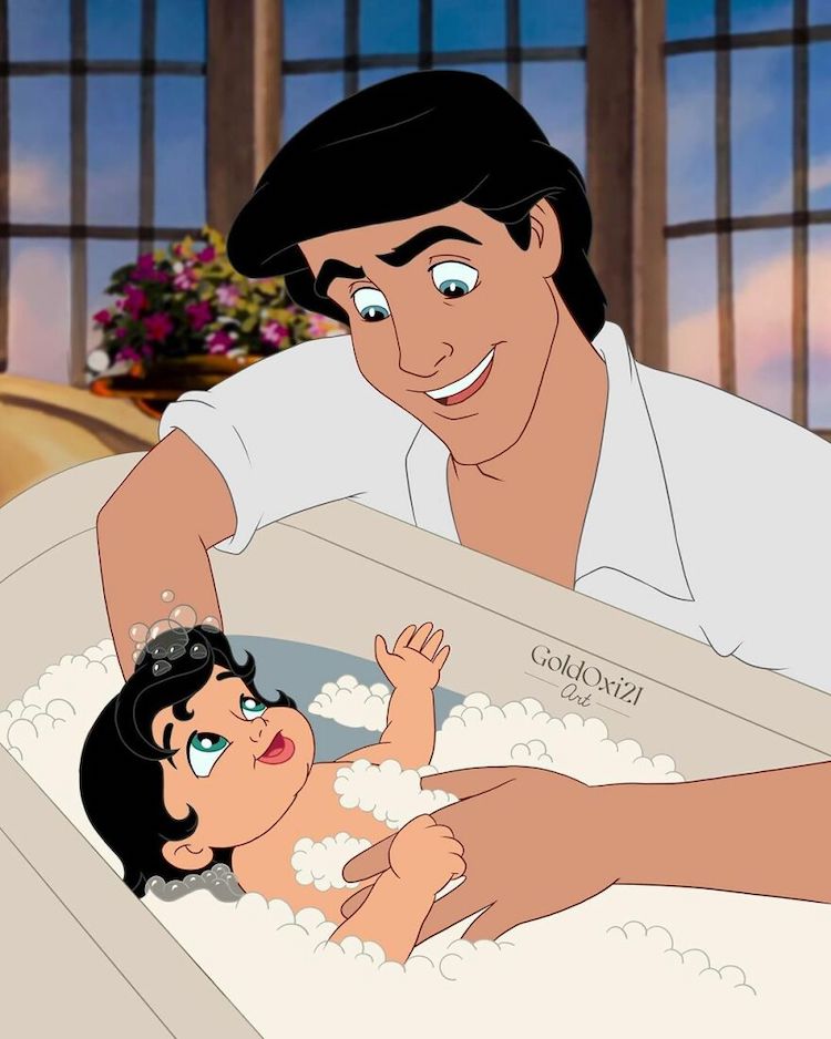 Illustrations of Disney Princes With Their Children