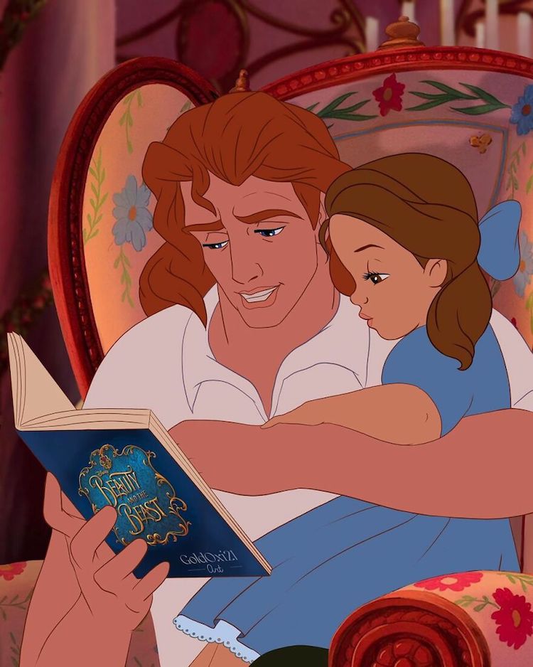 Illustrations of Disney Princes With Their Children