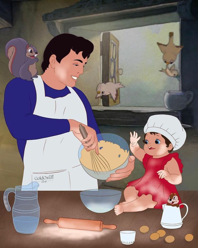 Illustrations of Disney Princes With Their Children