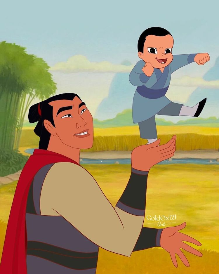 Illustrations of Disney Princes With Their Children