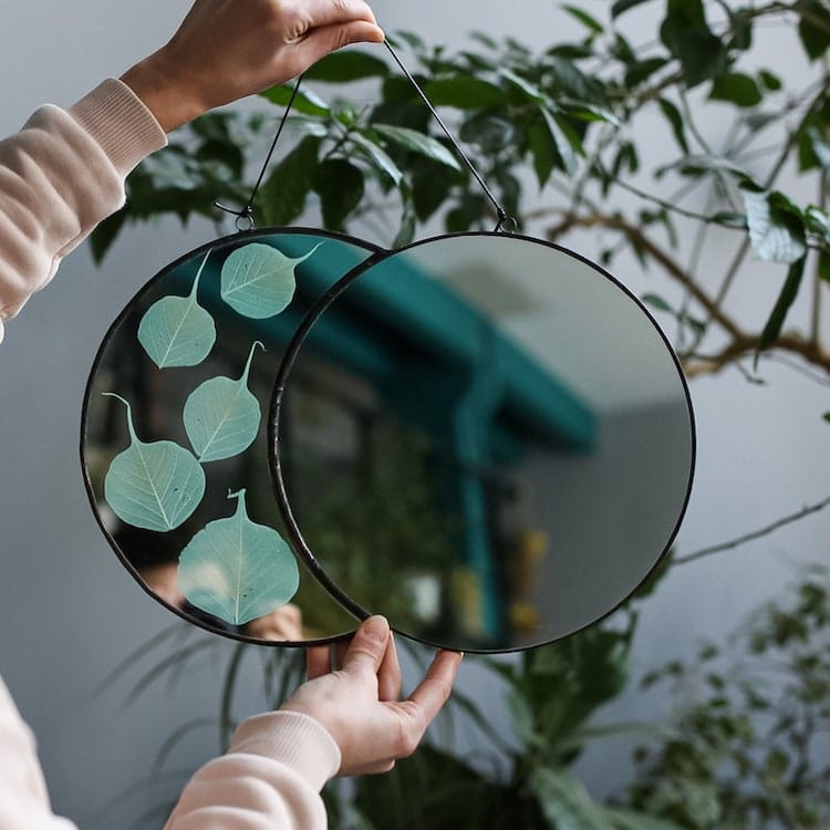 „Roslynka“ kabantis sieninis veidrodis su presuota gėle ir botanikos menu