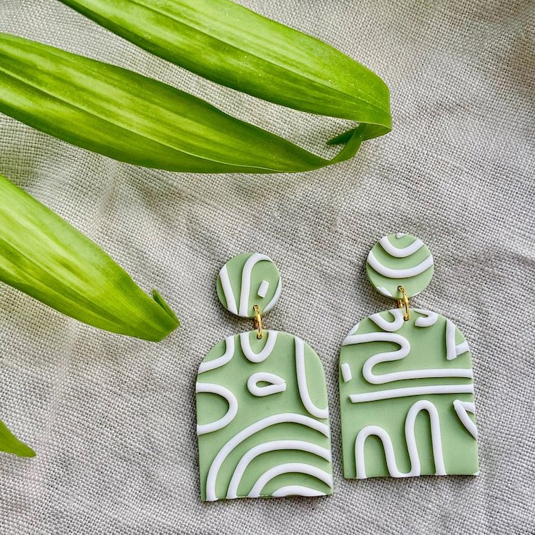 Green and White Clay Earrings