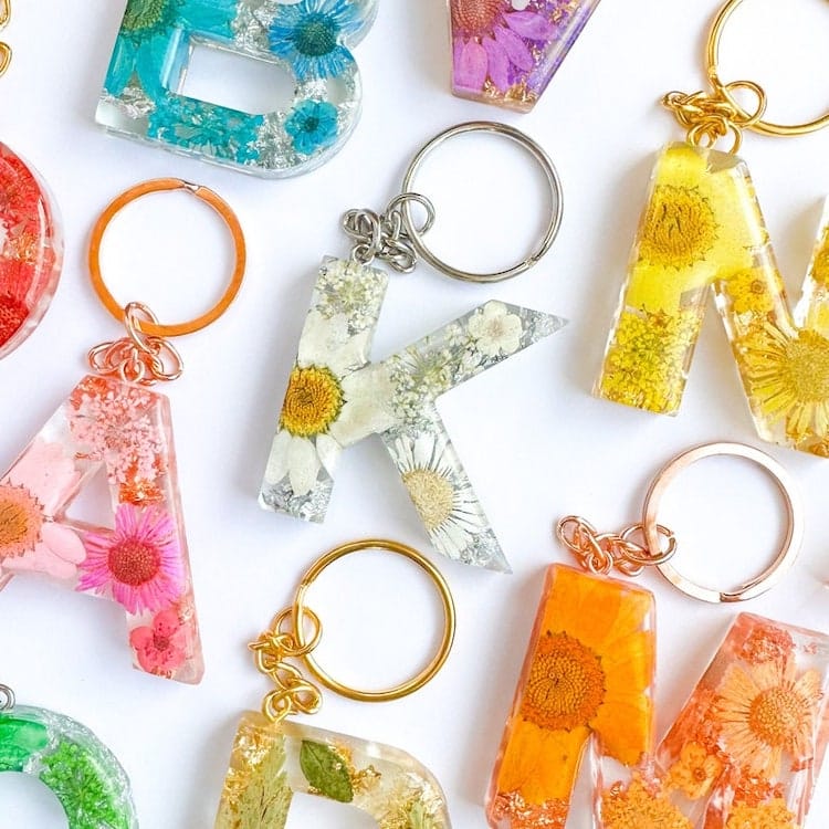 Resin Initial and Flower Keychain