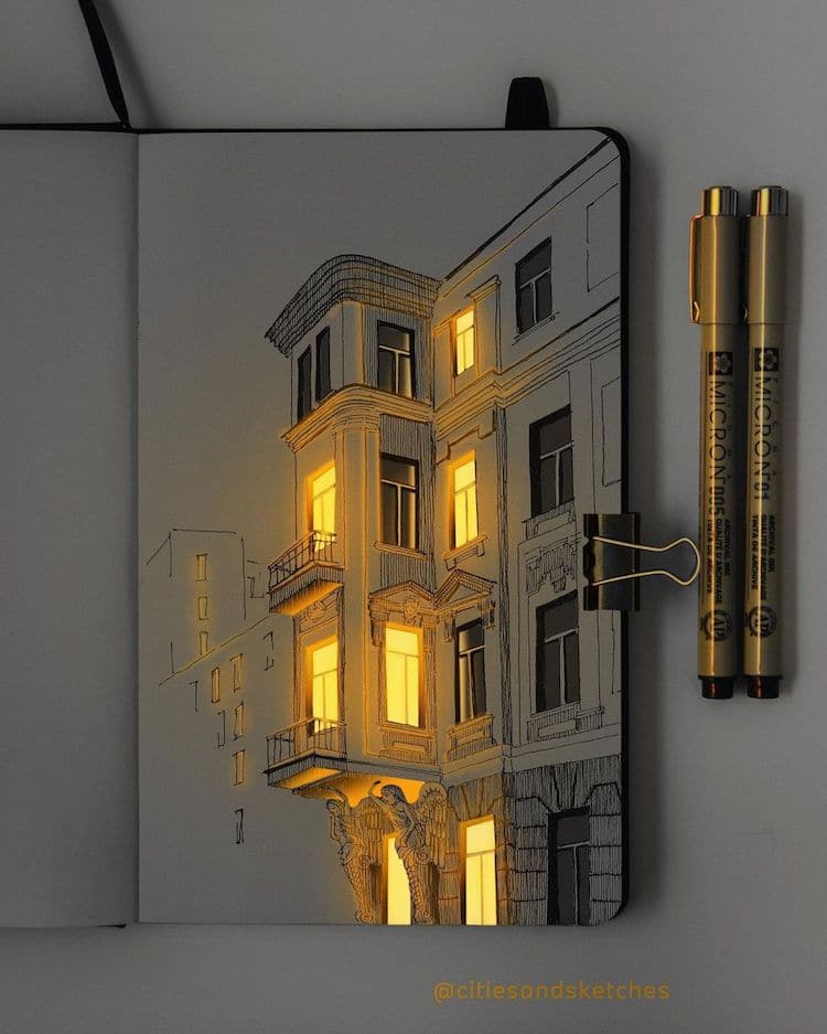 Glowing Architecture Sketches by Nikita Busyak