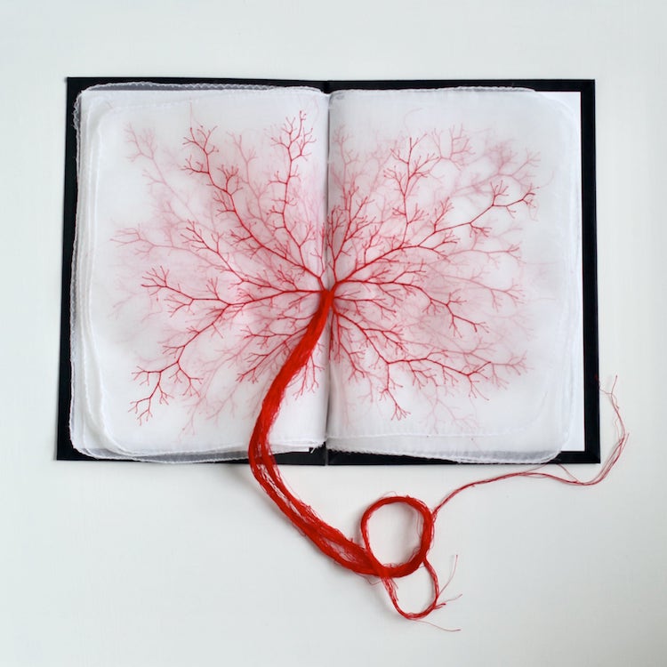 Libros bordados con hilo rojo por Rima Day