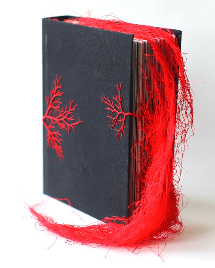 Libros bordados con hilo rojo por Rima Day