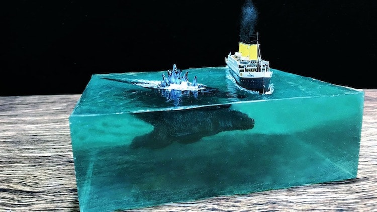 Diorama Art Featuring Titanic and Godzilla