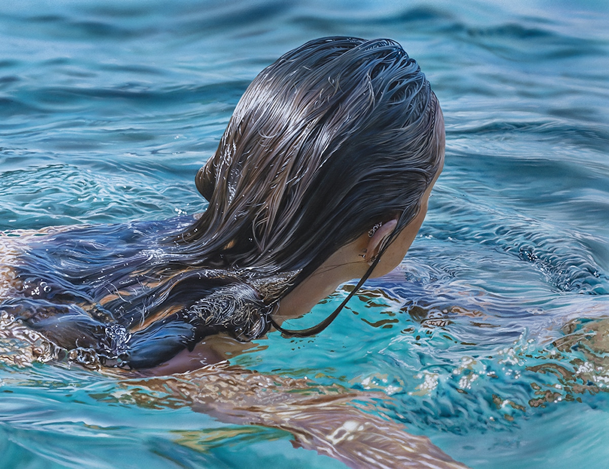 Pintura de una mujer en una piscina por Johannes Wessmark