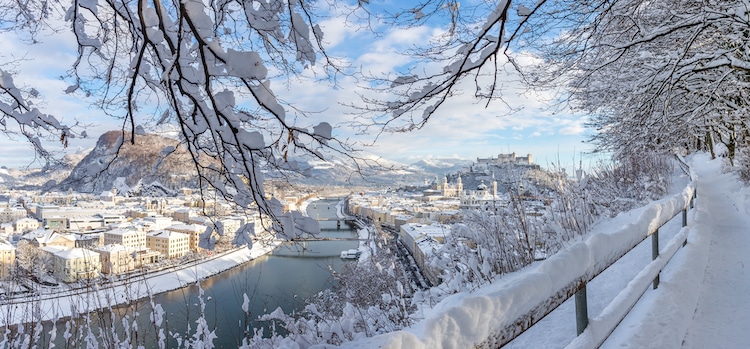 Panorama of Salzburg in winter: Snowy historical center, sunshine