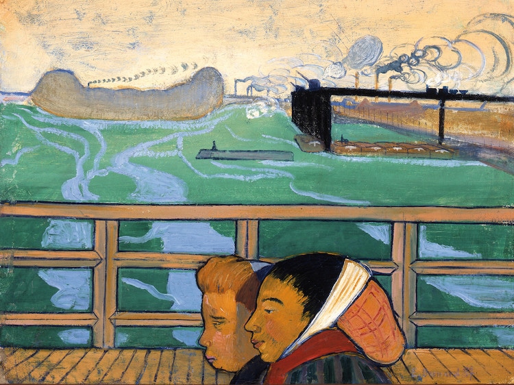 Pintura de Emile Bernard de dos mujeres en un puente