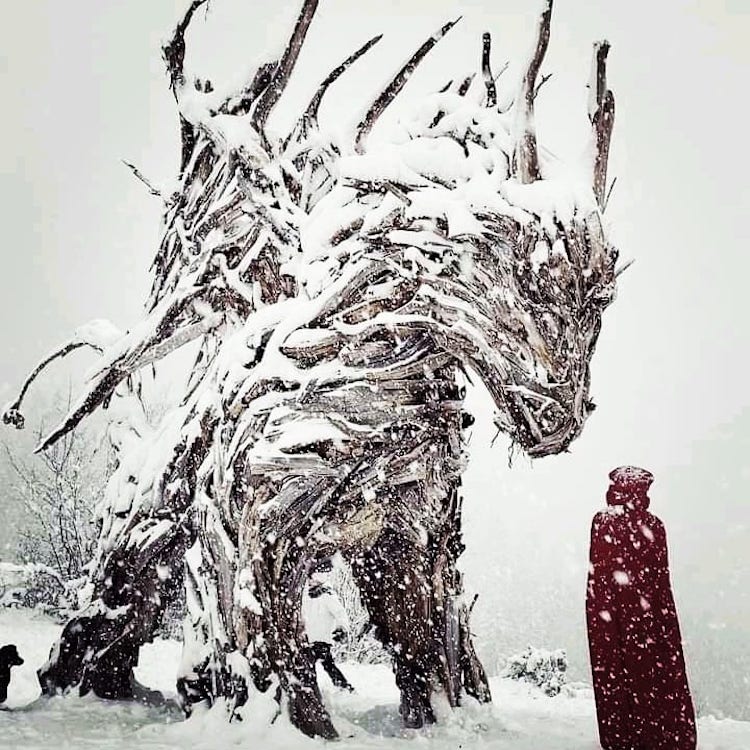 Wood Dragon Sculpture Under the Snow