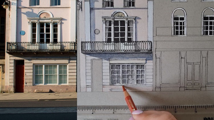 Demi Lang dessinant un bâtiment