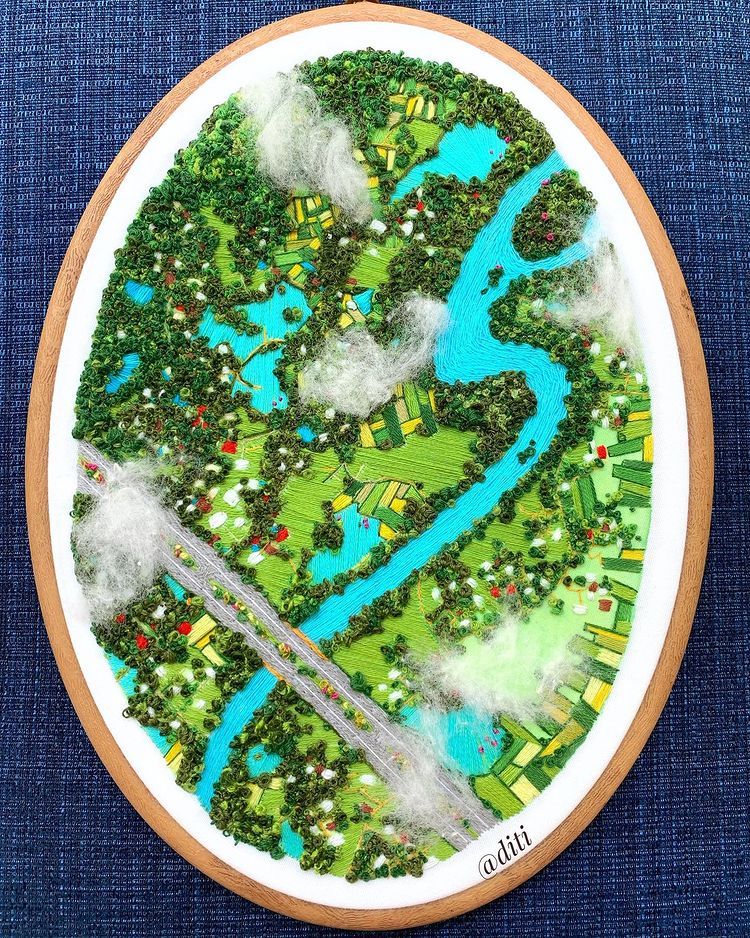 Siang II Pasighat,North East India/Miniature aerial embroidery/Mixed media embroidery/Aerial landscape embroidery