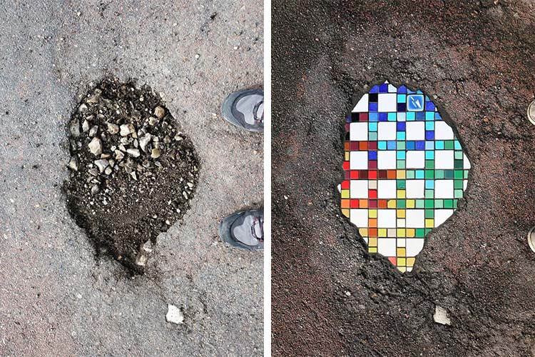 Mosaic Art in Pavement Cracks by Ememem