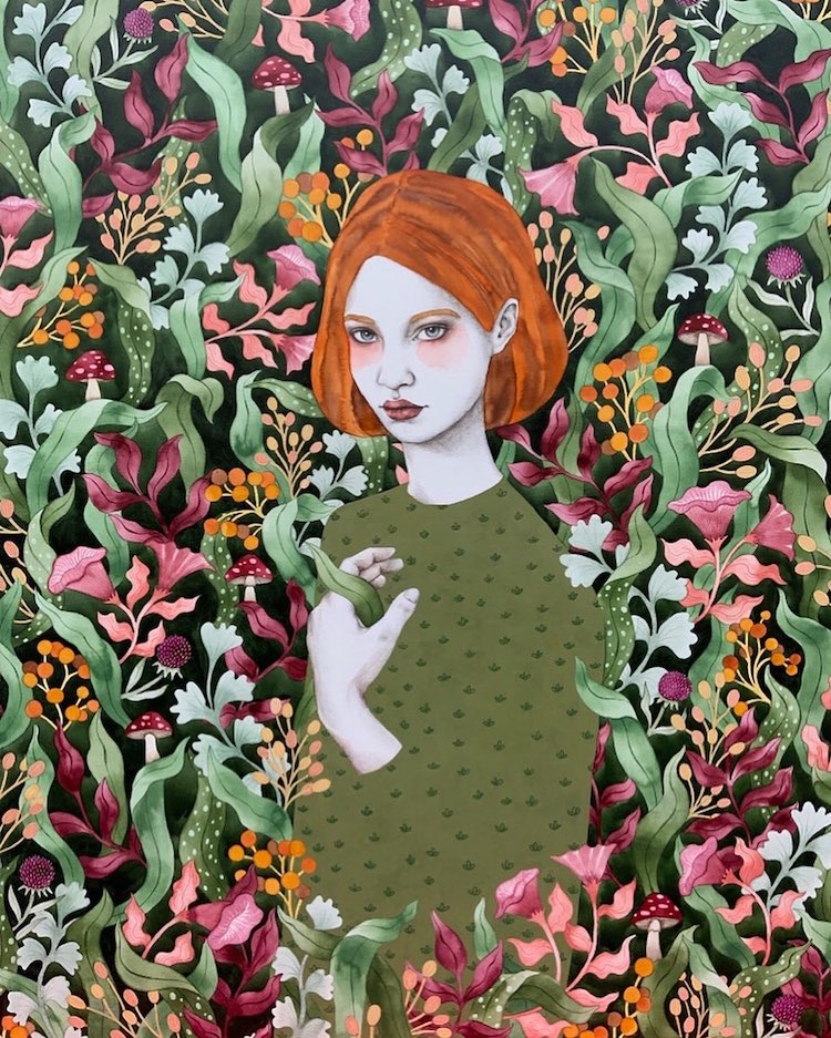 Watercolor Portraits Merge Enigmatic Subjects into Patterned Backgrounds