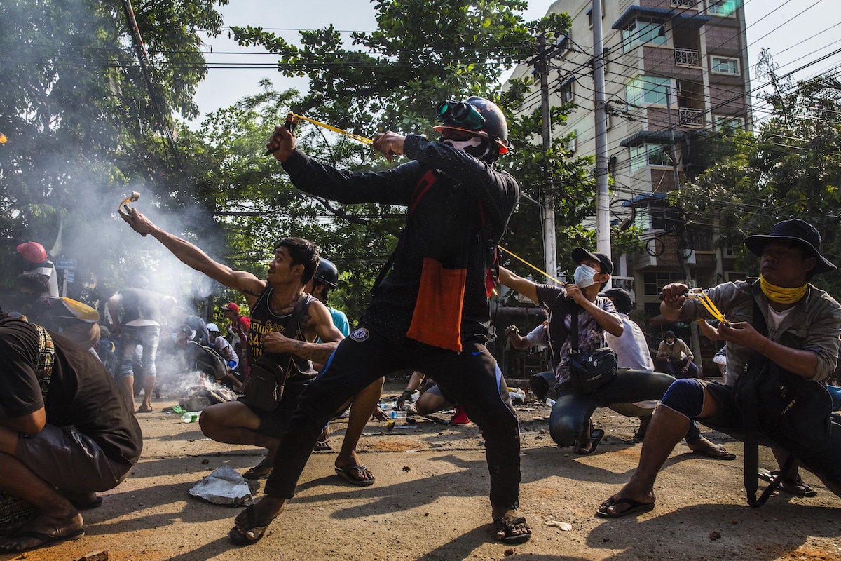 Protestors in Myanmar Using Slingshots Against Security Forces
