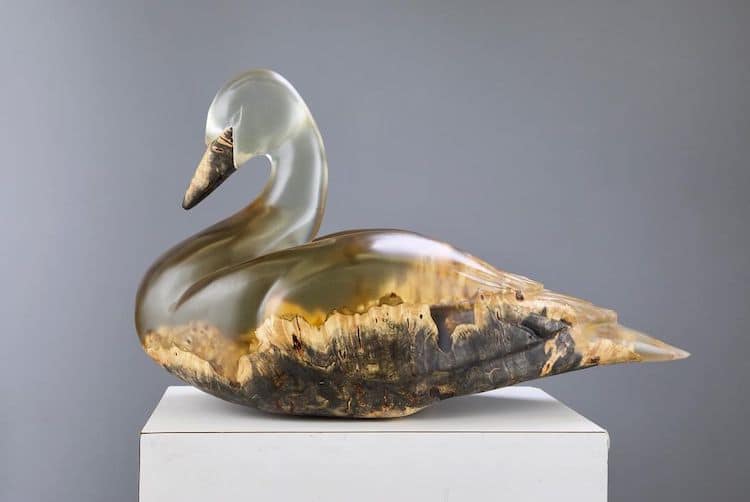 Swan Resin and Wood Animal Sculpture