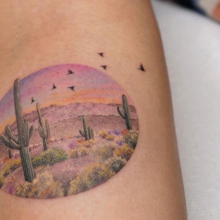 Ikonic Tattoo  The desert tells a different story every time one ventures  into it just like all of our custom tattoos  These stunning watercolor  pieces were done by resident artist