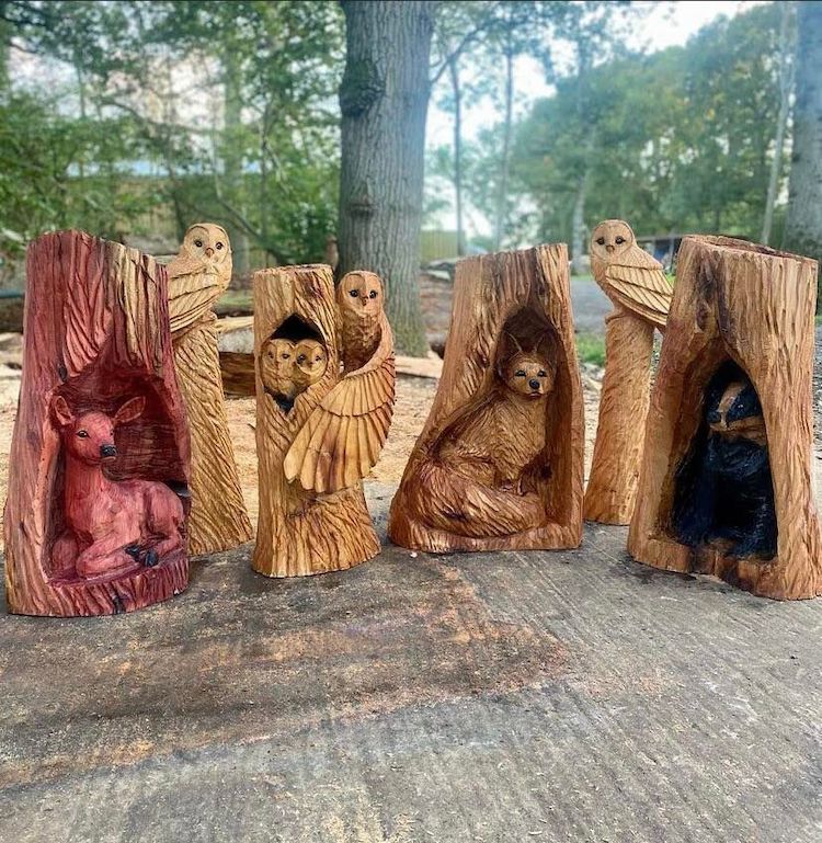 Wood Sculptures by Man and His Dog Carvings