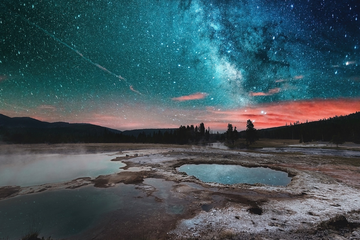 Stars over the Norris Geyser Basin in Yellowstone