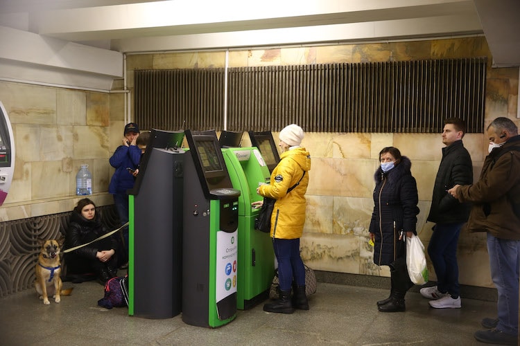 People Lining Up to Use the ATM in Kyiv