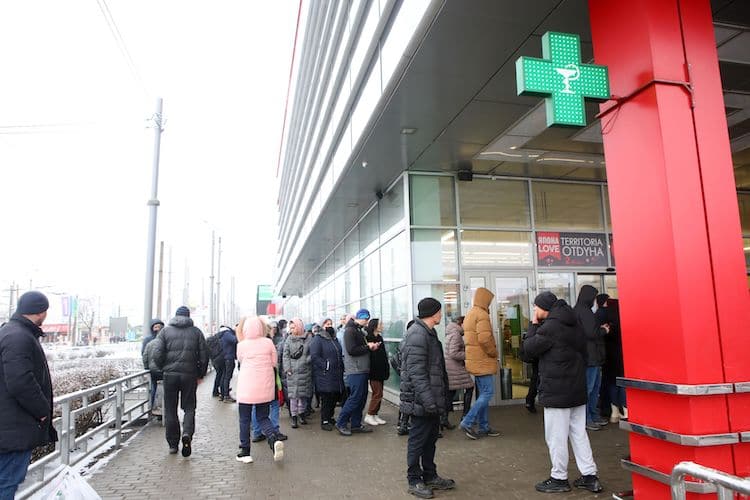People Standing in Line at the Grocery Store in Kharkiv