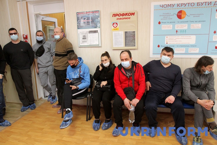 People Waiting in Line to Donate Blood in Ukraine