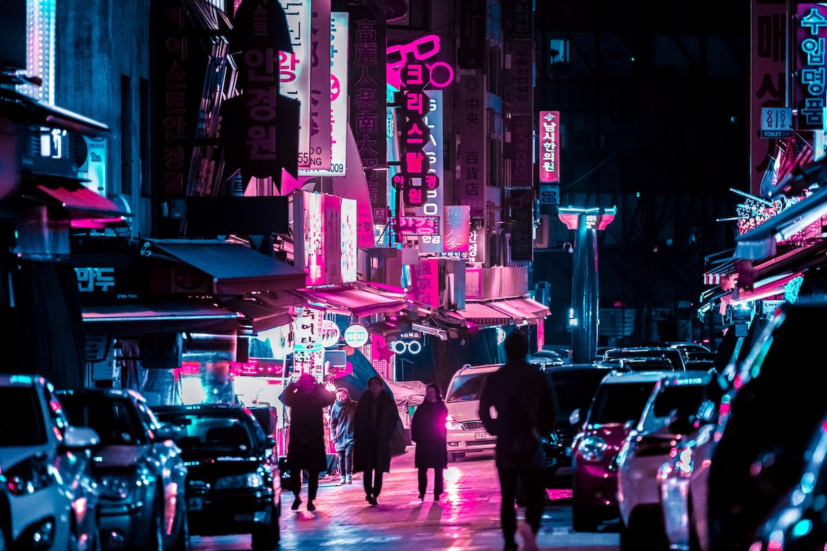 People Walking in Seoul at Night