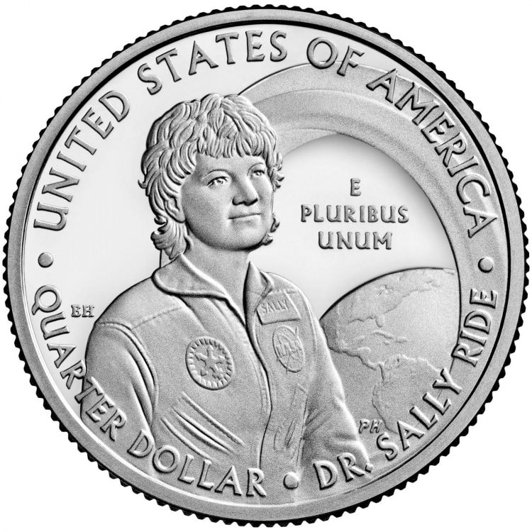 Sally Ride Side of the Quarter, Depicting Her Looking Down at Earth