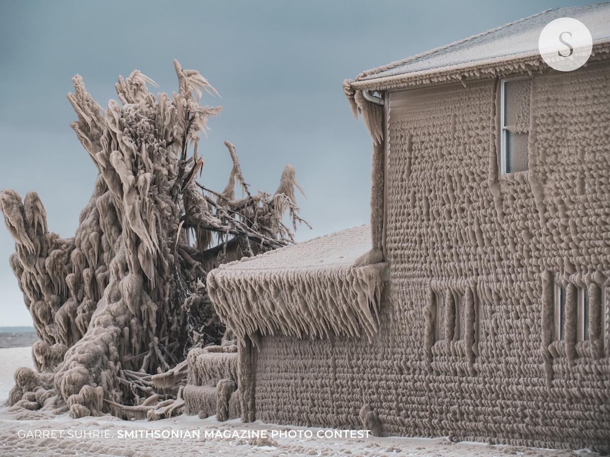 House on Lake Erie Covered in Ice After a Storm
