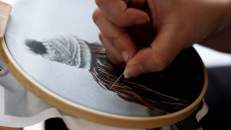 Stitching Hair on Printed Fabric