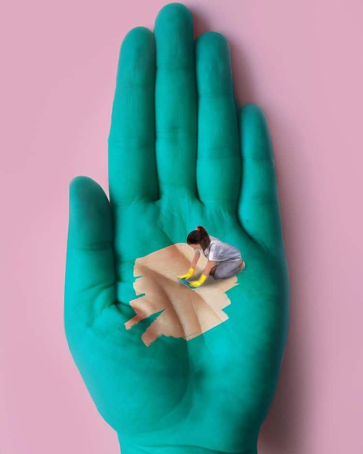 Paintings of Tiny Figures on Hands by Golsa Golchini