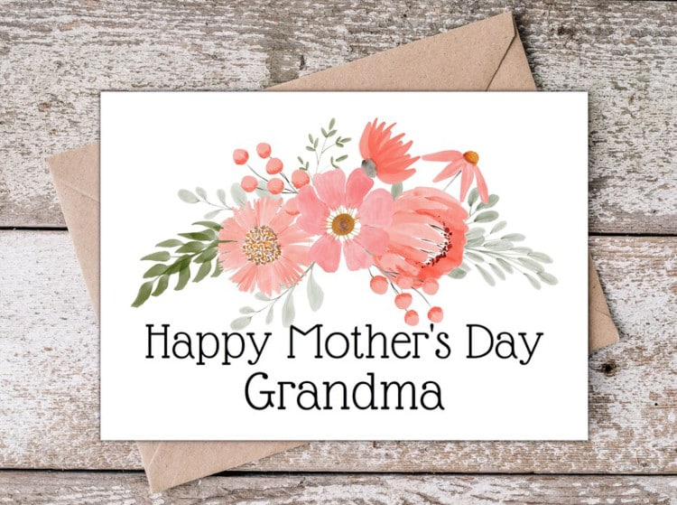 Mother's day card with pink flowers and the message Happy Mother's day grandma