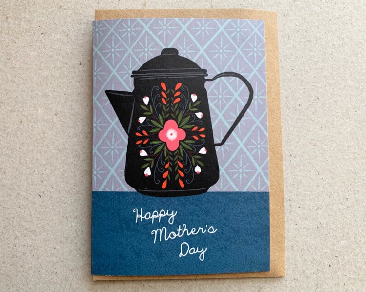 blue mother's day card with a coffee pot