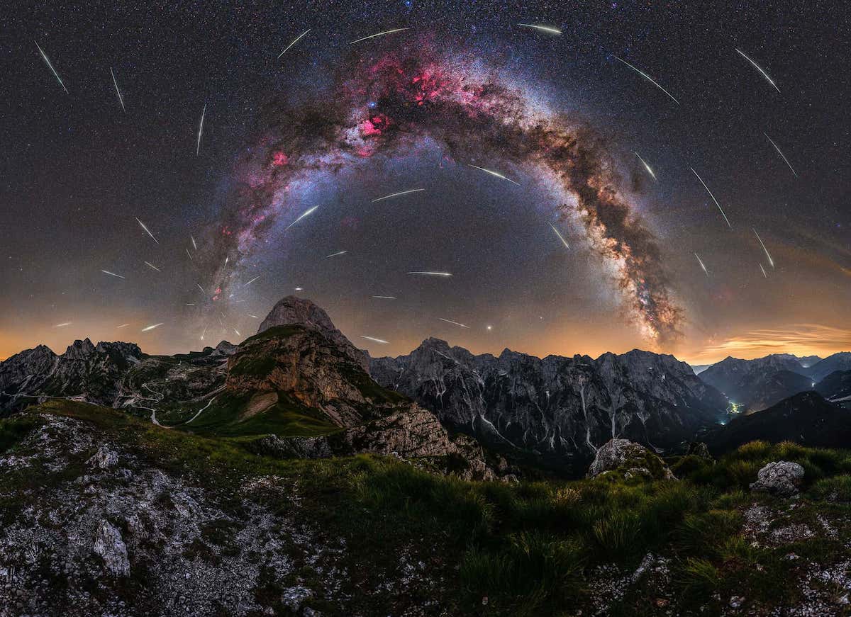Perseid meteor shower on Mangart saddle in Slovenia's Julian Alps 
