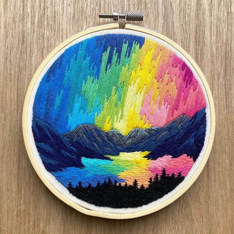 embroidery artist 'paints' rainbow-hued landscape using thread