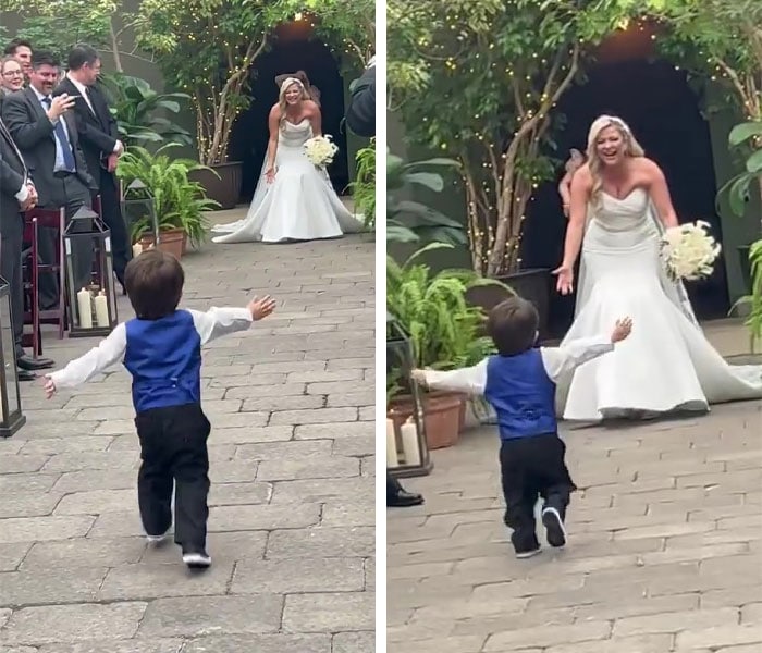 Niño pequeño se emociona y corre a abrazar a su mamá en su boda