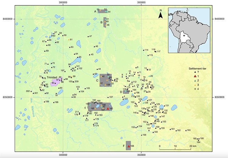 Mapa de sitios casarabes encontrados en la Amazonia