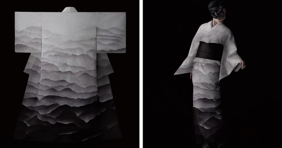 アーティストは日本のハジ山脈に触発された革くずの着物を作成します