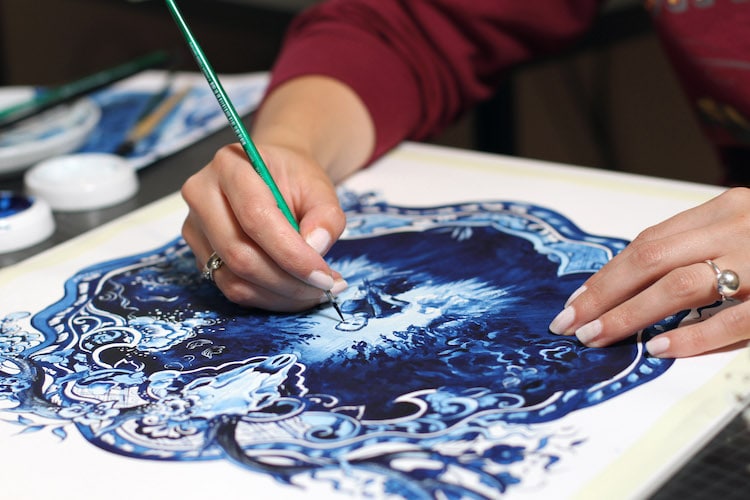Creating Blue Ink Drawing by Anna Sokolova