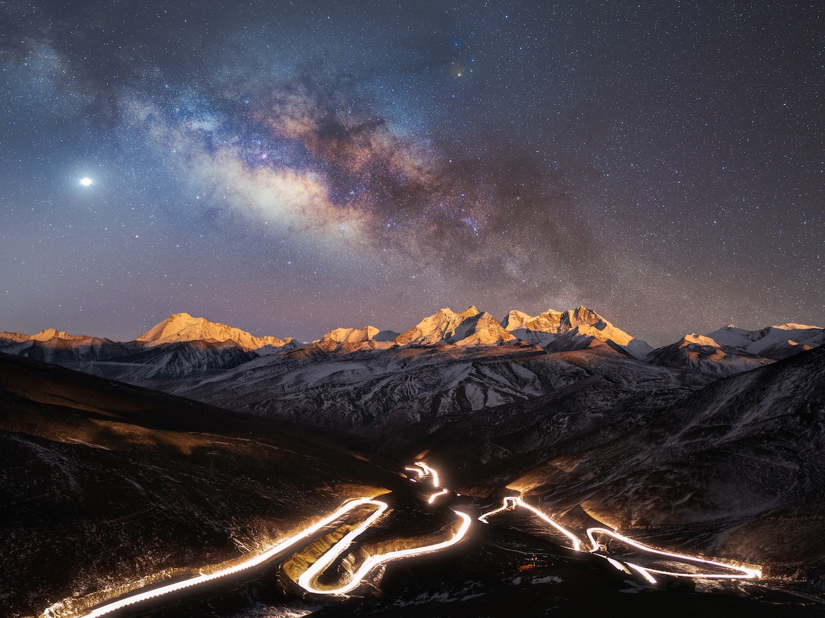 Illuminated National Highway 219 in Tibet