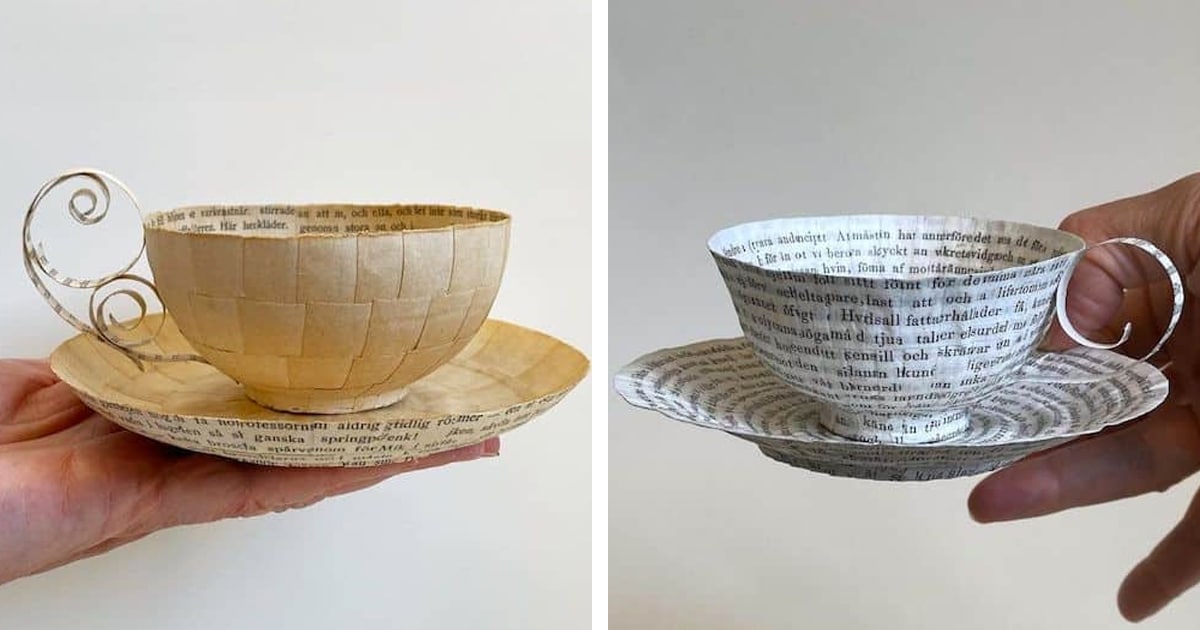 Paper Sculptures of Dainty Teacups Made From Old Book Pages