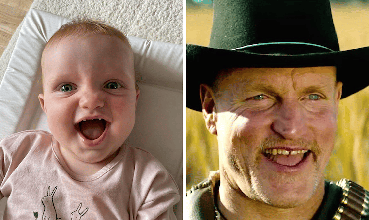 8-Month-Old Cora smiling next to screengrab of Woody Harrelson in Zombieland