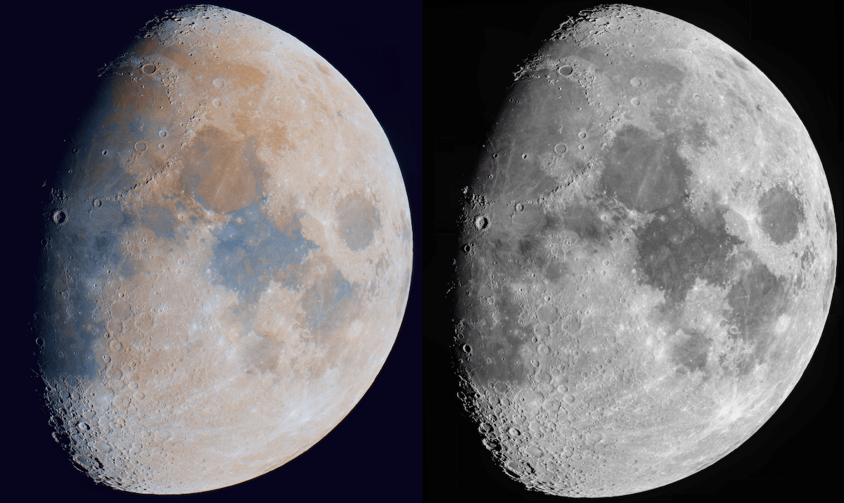 Sida vid sida färg och svartvitt foto av månen