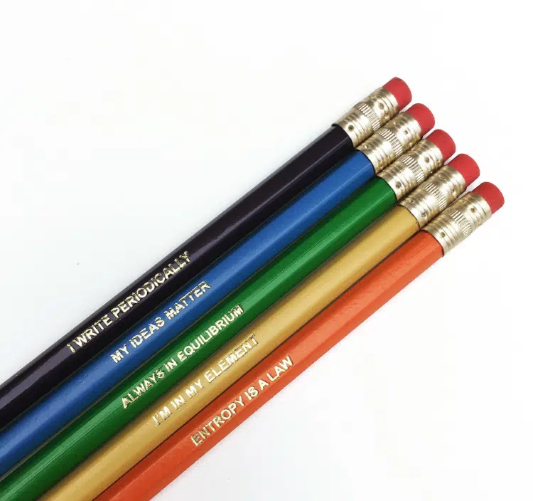 Set Of Five Pencils With Chemistry Sayings On Them