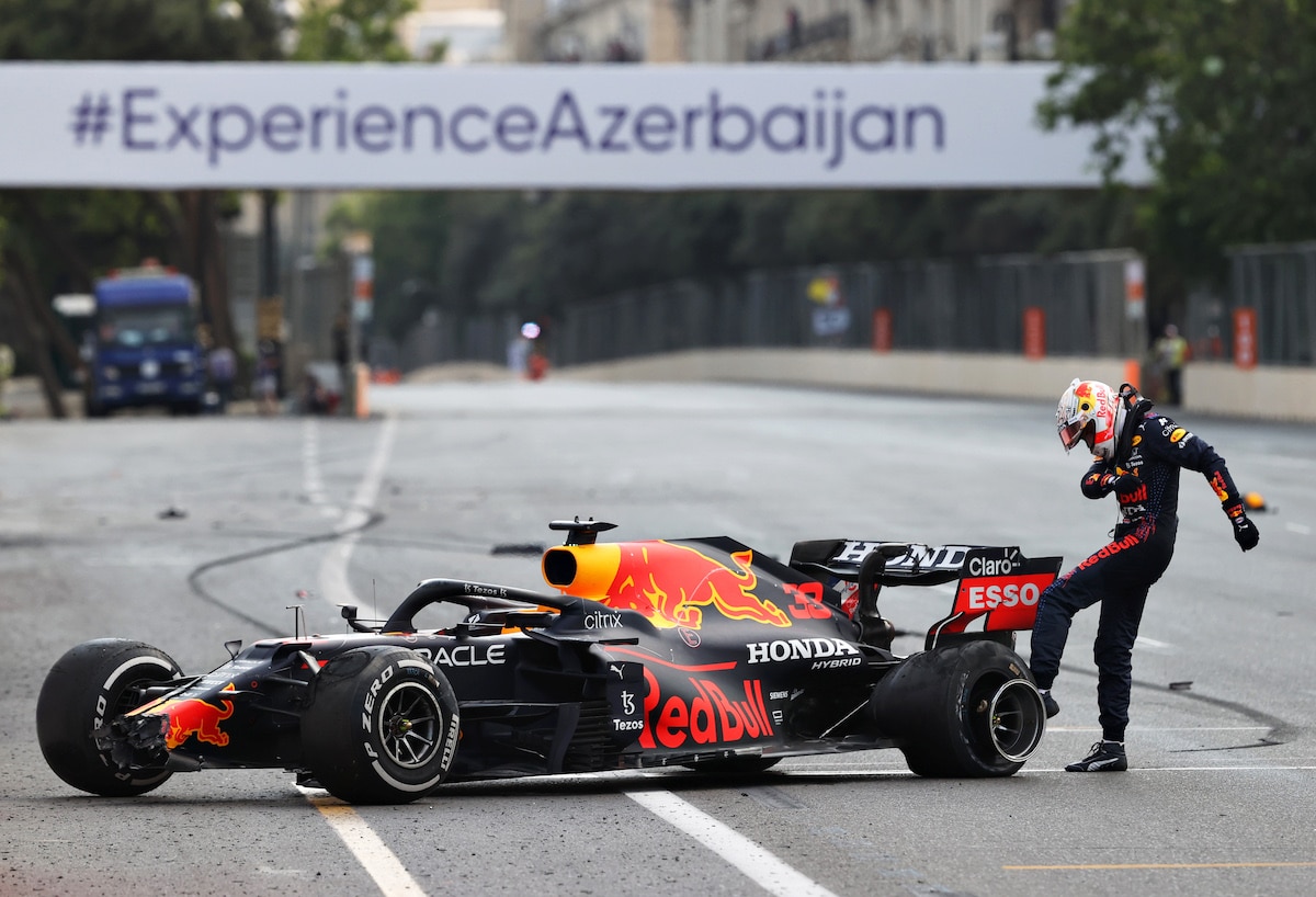 Max Verstappen (Netherlands) Red Bull Racking, reacts after crashing during the Formula 1 Grand Prix of Azerbaijan at Baku City, June 2021