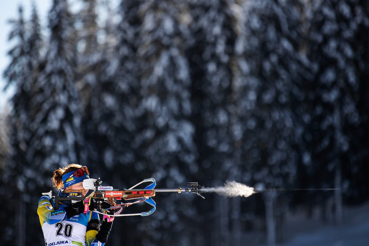 Linn Persson of Sweden to zero ahead of the women's 7.5km sprint during the IBU Biathlon World Championships