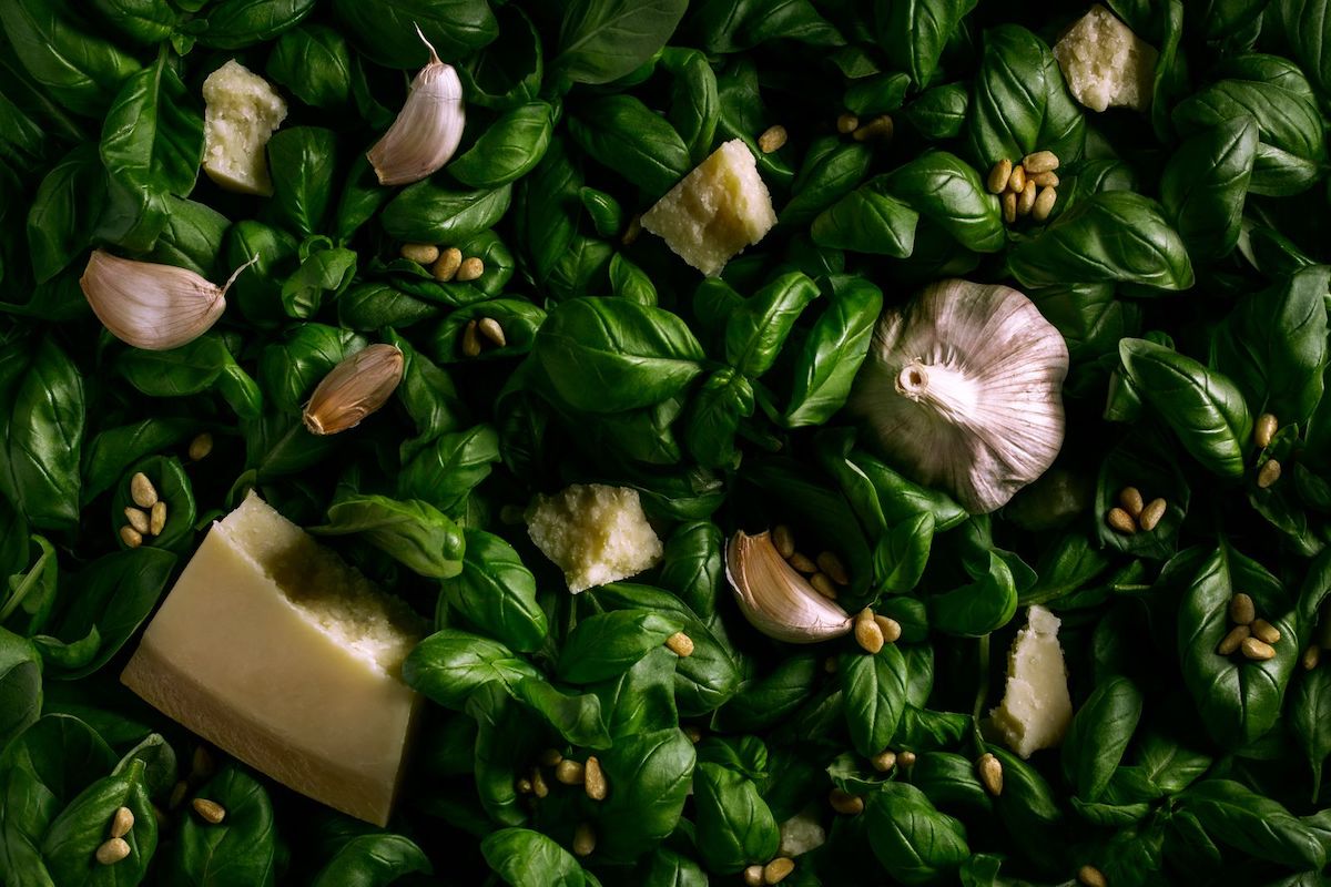 Flat lay of all the ingredients of Pesto